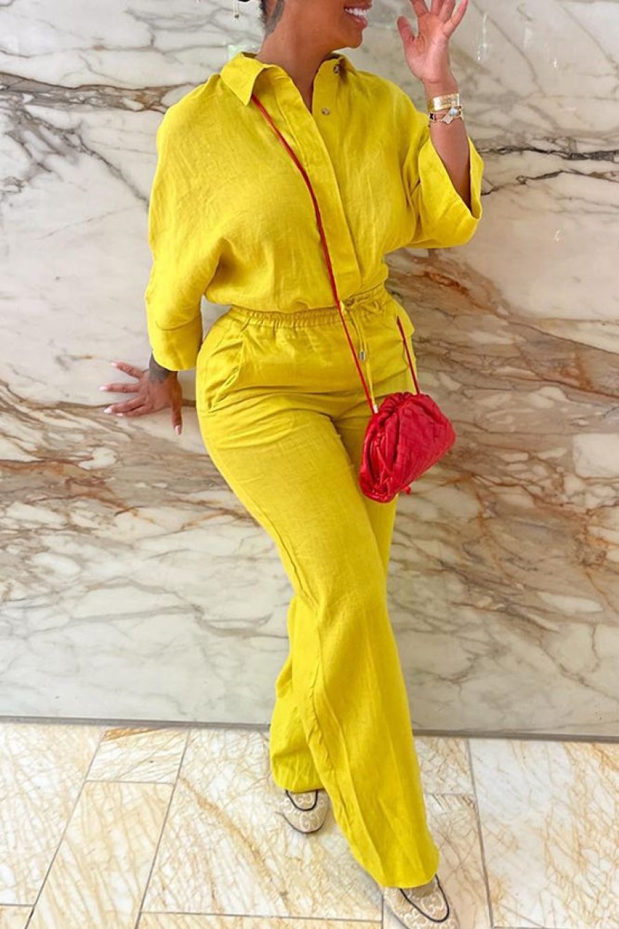 2-Pieces female | Casual Solid Color Cotton Linen Suits Yellow