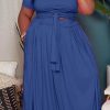 Dresses female | Plus Size Pure Color Round Neck Knotted Maxi Dress No Pockets