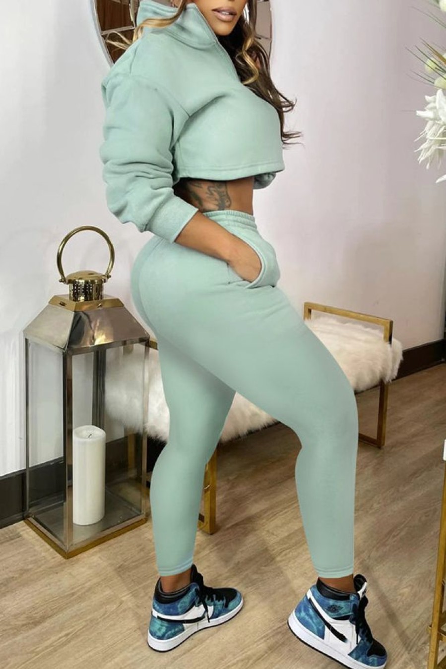 2-Pieces female | Casual Solid Color Stand Collar Zip Short Sweatshirt Slim Fit Pant Suits Light Green