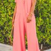 Jumpsuits & Rompers female | Lapel Short Sleeve Pocket Wide Leg Jumpsuit Jumper Pink