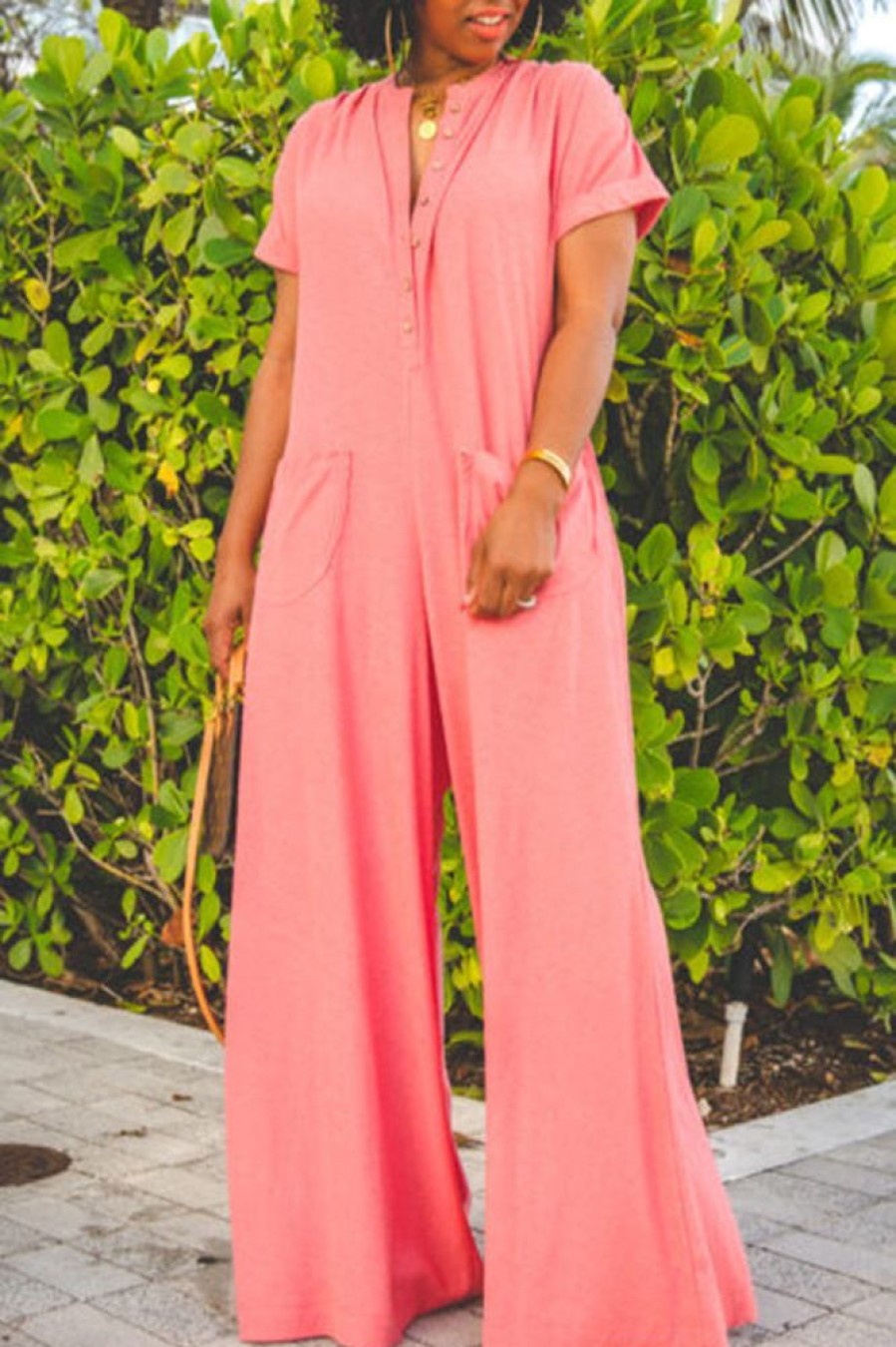 Jumpsuits & Rompers female | Lapel Short Sleeve Pocket Wide Leg Jumpsuit Jumper Pink