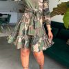 Dresses female | Camo Long Sleeve Tie Waist Babydoll Dress