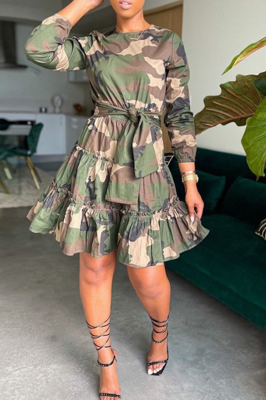 Dresses female | Camo Long Sleeve Tie Waist Babydoll Dress