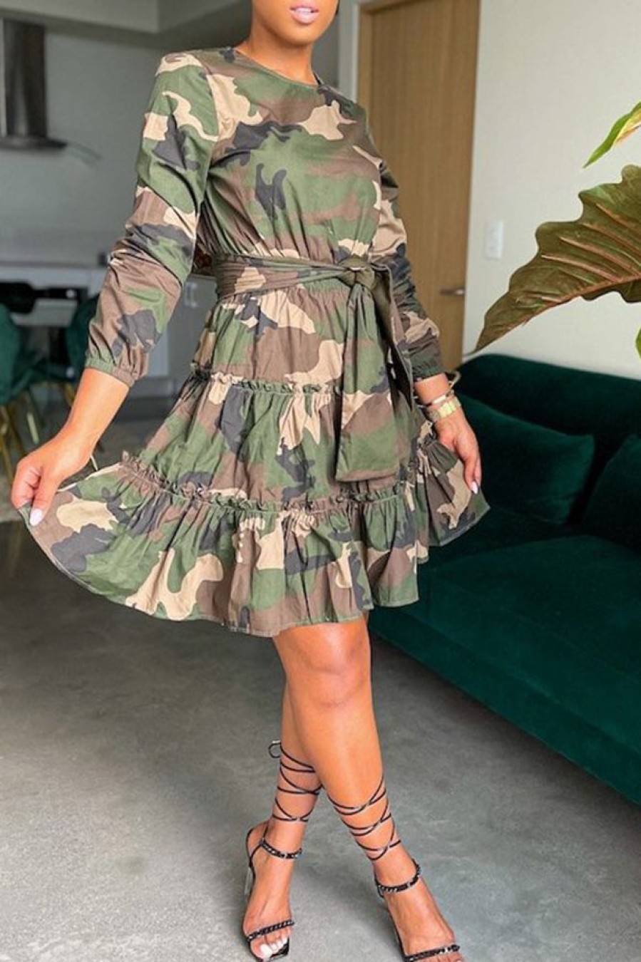 Dresses female | Camo Long Sleeve Tie Waist Babydoll Dress