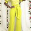 Jumpsuits & Rompers female | Temperament Half Sleeve Sheer Lace Panel Lace Up Wide-Leg Jumpsuit Yellow