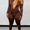 Jumpsuits & Rompers female | Sexy Cold Shoulder Cutout Plain Jumpsuit Coffee