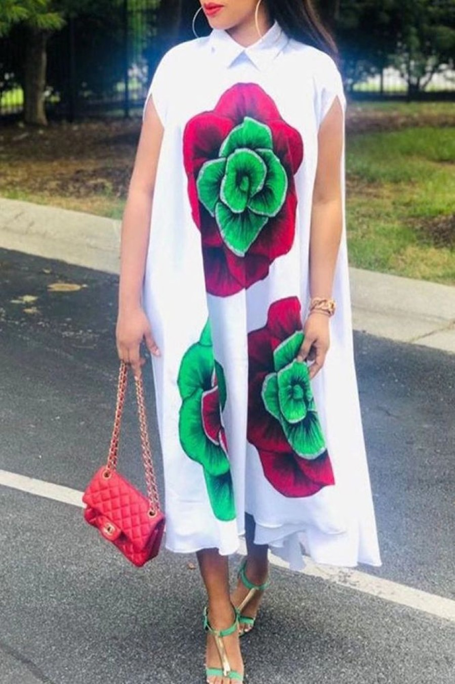 Dresses female | Colorblock Floral Print Sleeveless Shirt Long Dress White