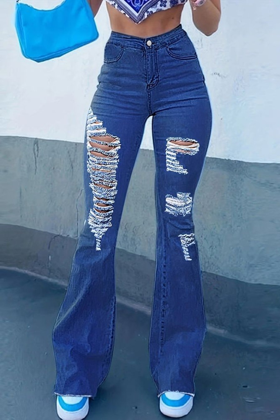 Bottoms female | Fashion Slim-Fit Solid Color Ripped Flared Jeans Blue