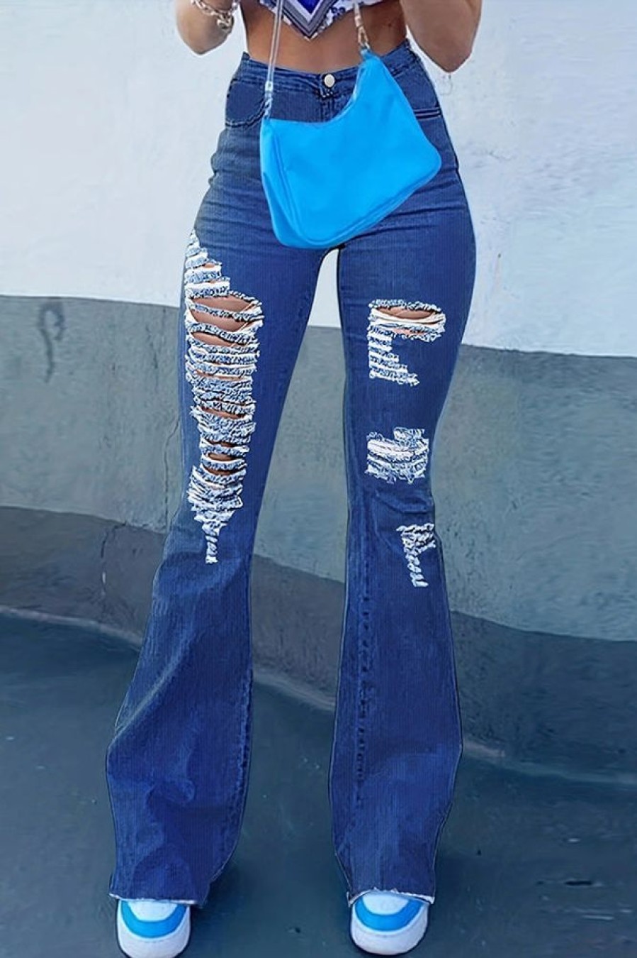 Bottoms female | Fashion Slim-Fit Solid Color Ripped Flared Jeans Blue