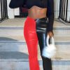 Bottoms female | Fashion Stitching Black Artificial Pu High Waist Pants Red