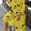 Dresses female | Stylish Comfortable Newspaper Print Shirt Dress Yellow