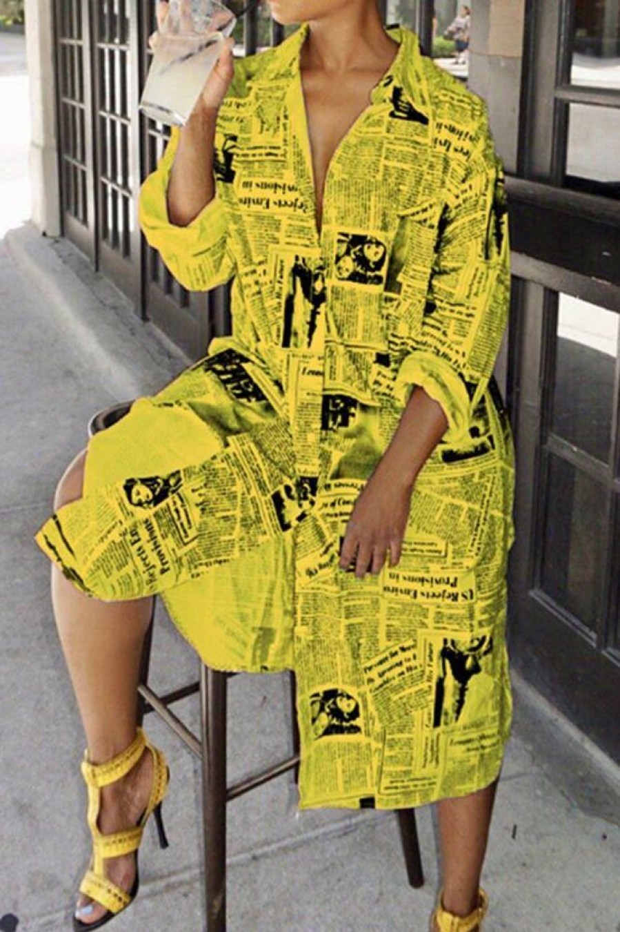 Dresses female | Stylish Comfortable Newspaper Print Shirt Dress Yellow