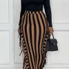 Bottoms female | Fashion Fringe Stitching Striped Long Skirt Coffee