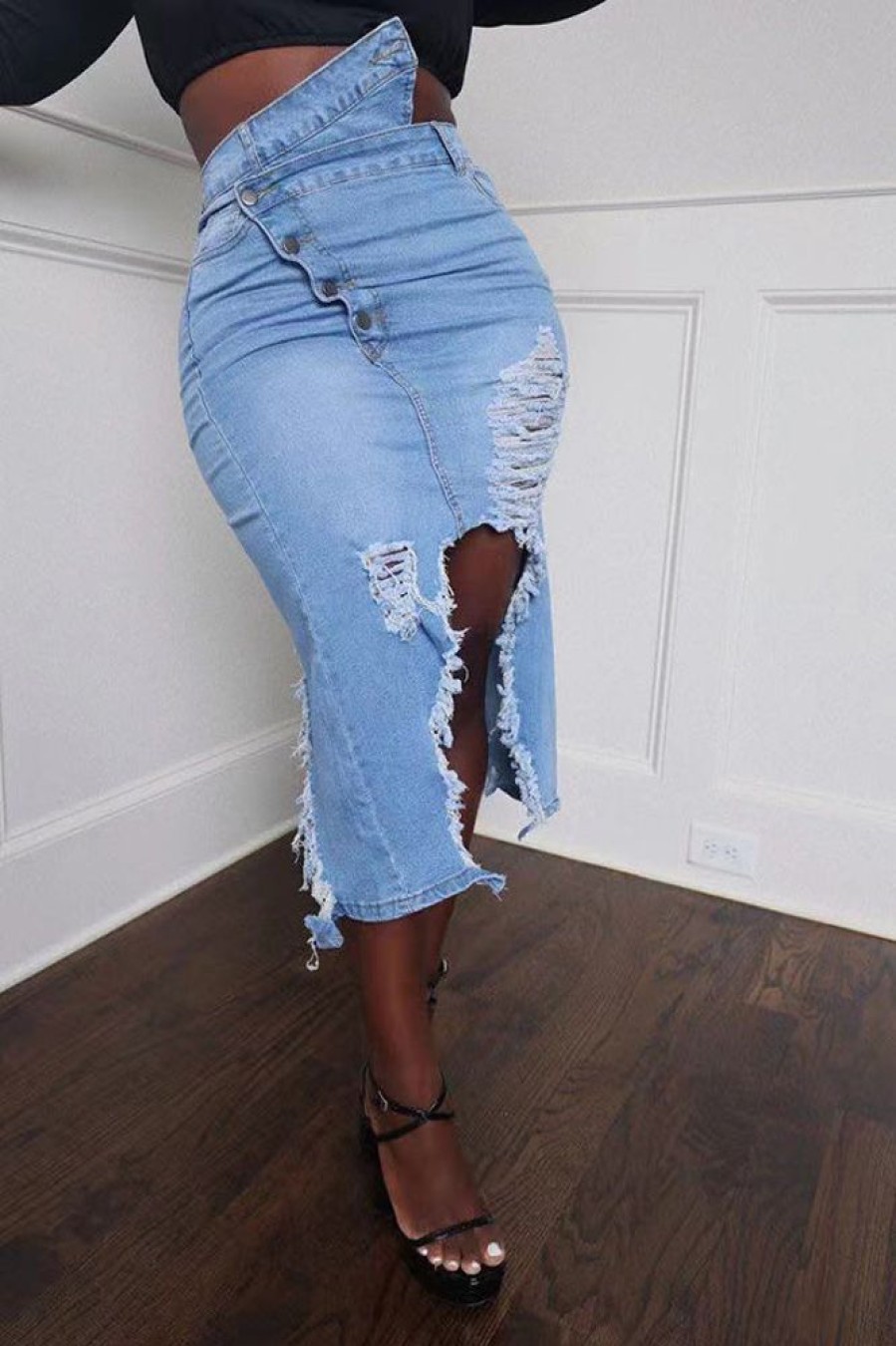 Bottoms female | Personalized Asymmetric Button Washed Ripped Denim Skirt Wathet Blue