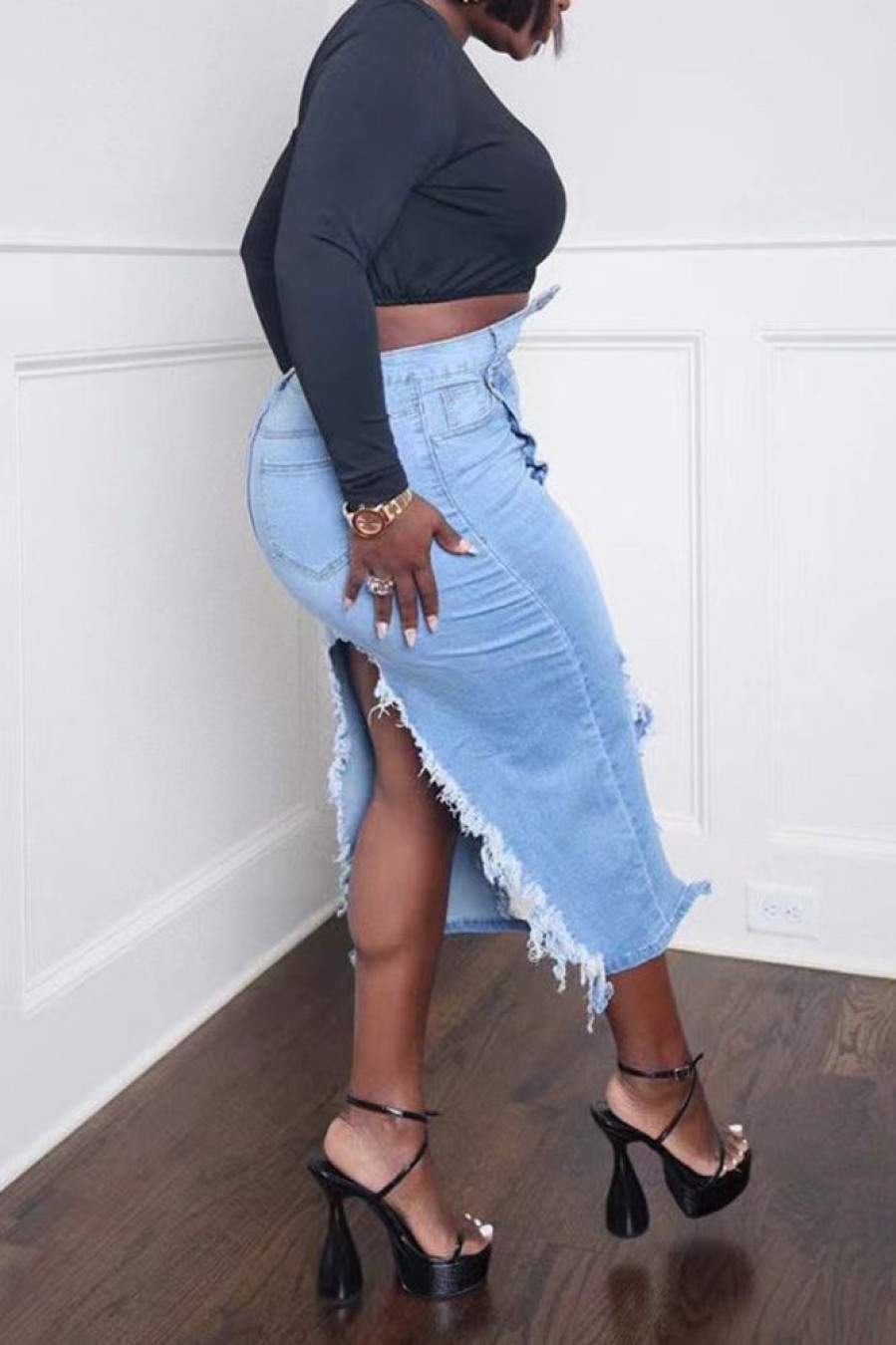 Bottoms female | Personalized Asymmetric Button Washed Ripped Denim Skirt Wathet Blue