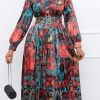 Dresses female | Commuter Print Belt Long Sleeve Lace Up Neck Midi Dress