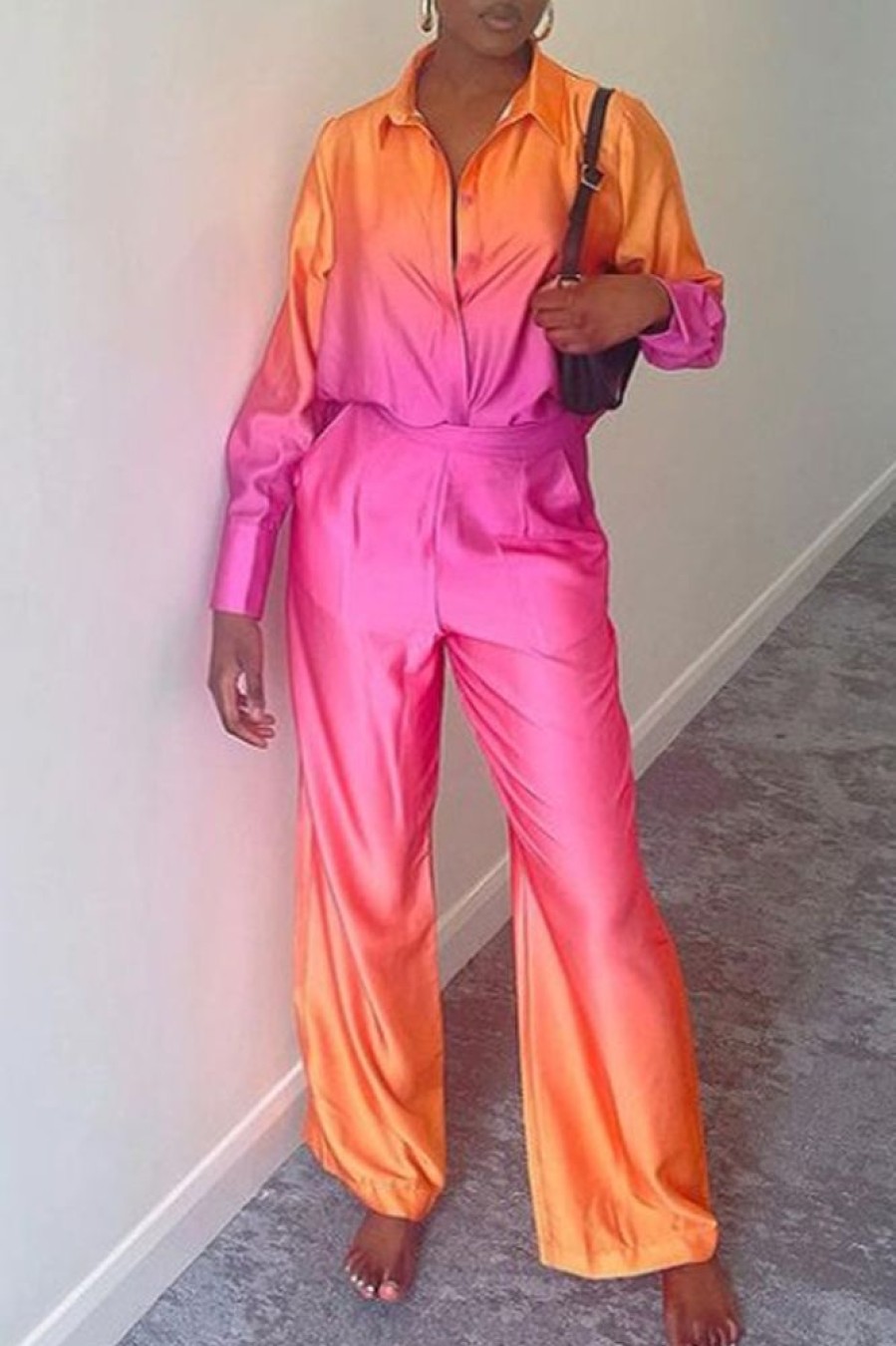 2-Pieces female | Fashion Satin Gradient Print Blouse Wide Leg Pants Set Orange