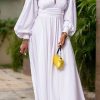 Dresses female | Retro Lantern Sleeve Solid Color High Waist Maxi Dress White