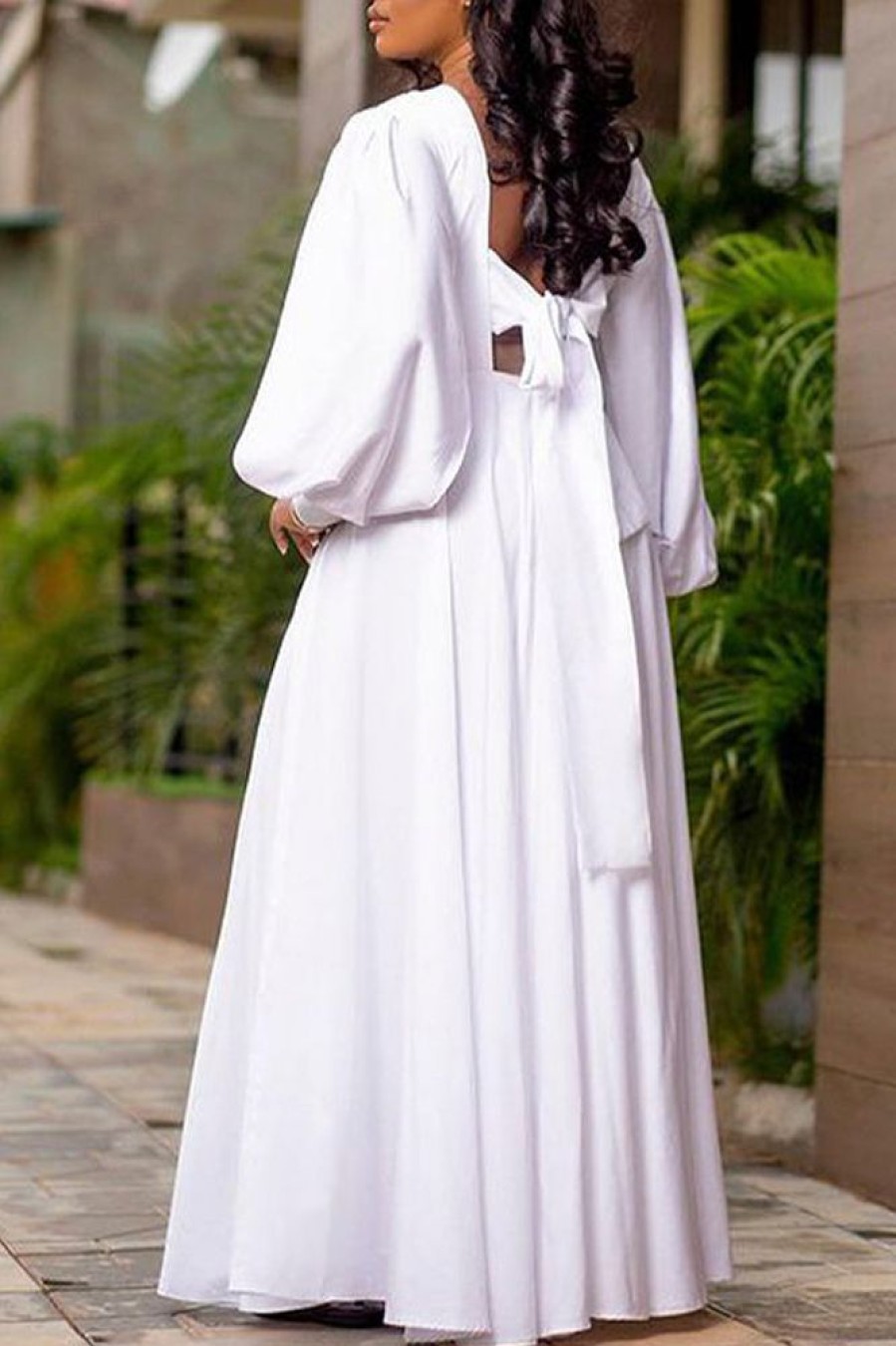 Dresses female | Retro Lantern Sleeve Solid Color High Waist Maxi Dress White