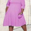 Dresses female | Plus Size Round Neck Long Sleeve Pocket Plain Dress