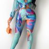 2-Pieces female | Printed Fashion Long Sleeve Shirt Slim Pants Two Piece Set