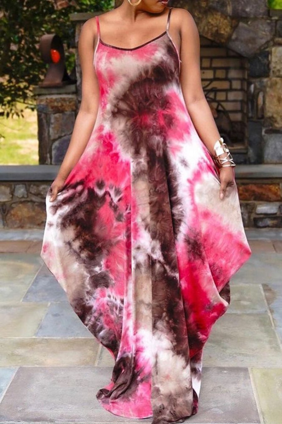 Dresses female | Loose Tie Dye Backless Strap Maxi Dress Red