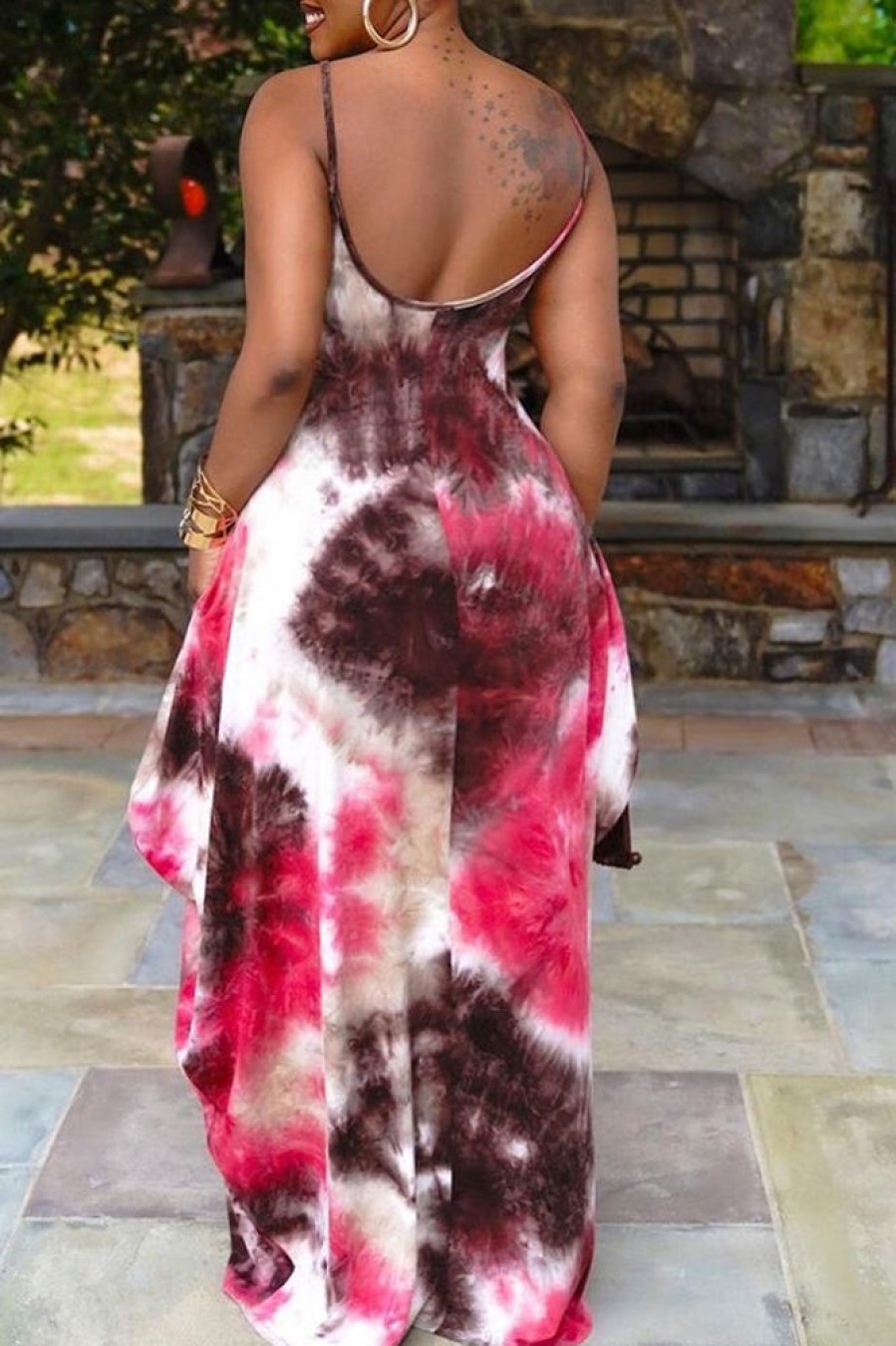 Dresses female | Loose Tie Dye Backless Strap Maxi Dress Red