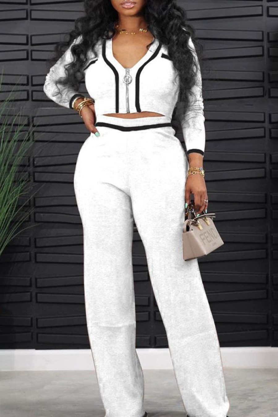 2-Pieces female | Fashion Casual Knitted Zipper Loose Striped Suit