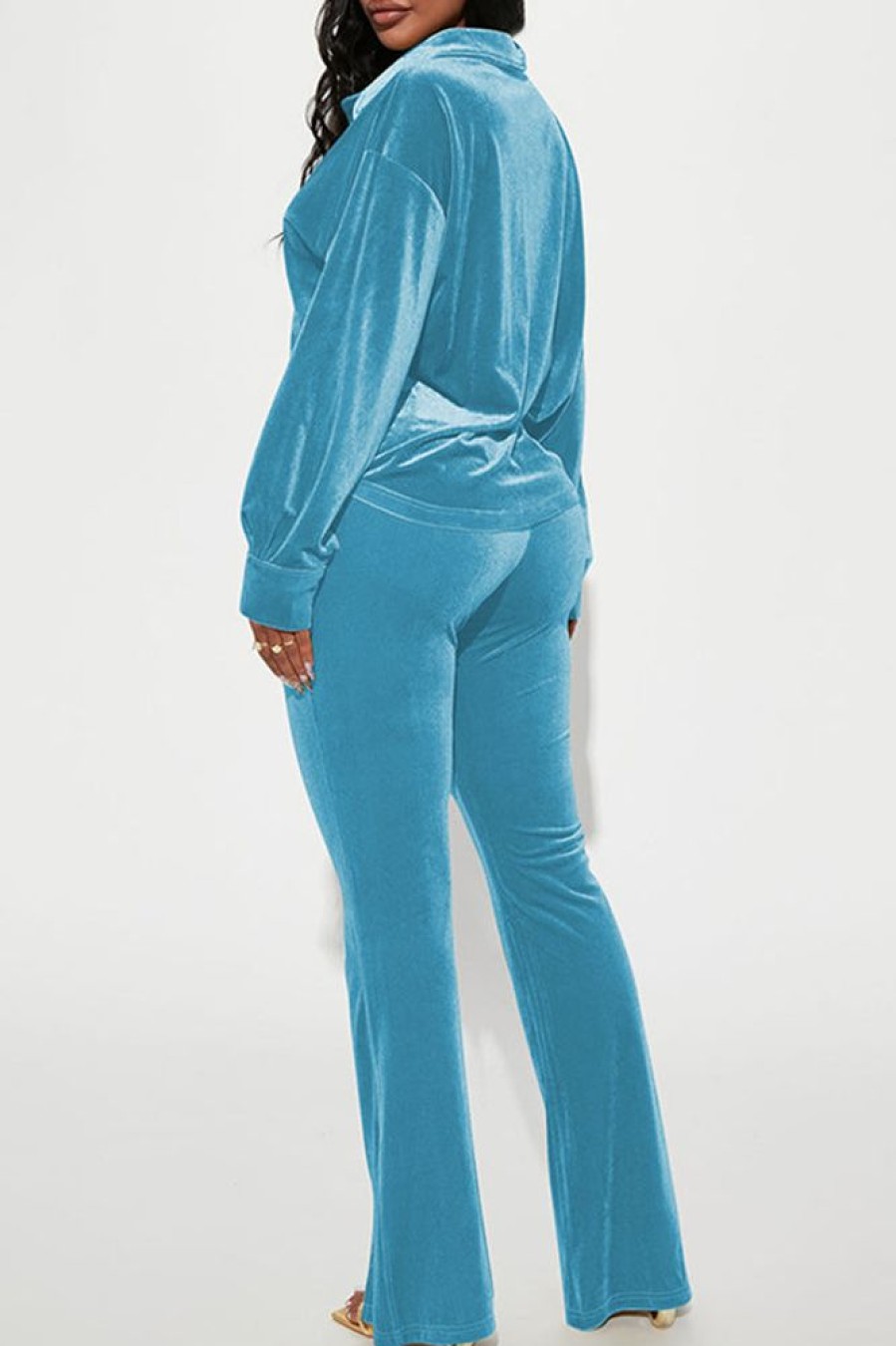 2-Pieces female | Comfortable Long Sleeve Velour Solid Color Blouse Slim-Fit Slit Pant Suits