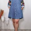 Dresses female | Casual Half Sleeve Single Breasted Graffiti Print Plus Size Midi Dress Blue