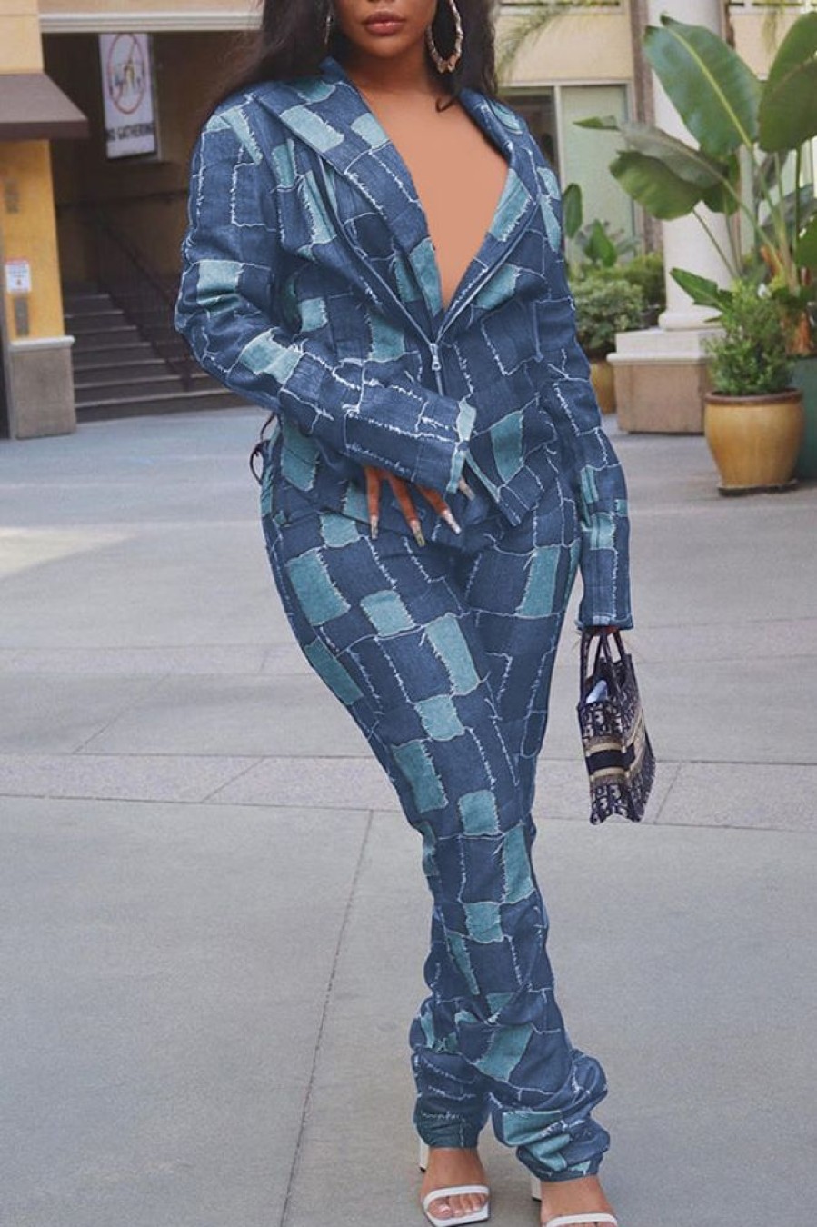 2-Pieces female | Fashion Plaid Zip Long Sleeve Lapel Jacket Pant Suits Blue