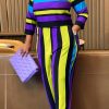 2-Pieces female | Fashion Trendy Round Neck Long Sleeve Striped Pants Suit