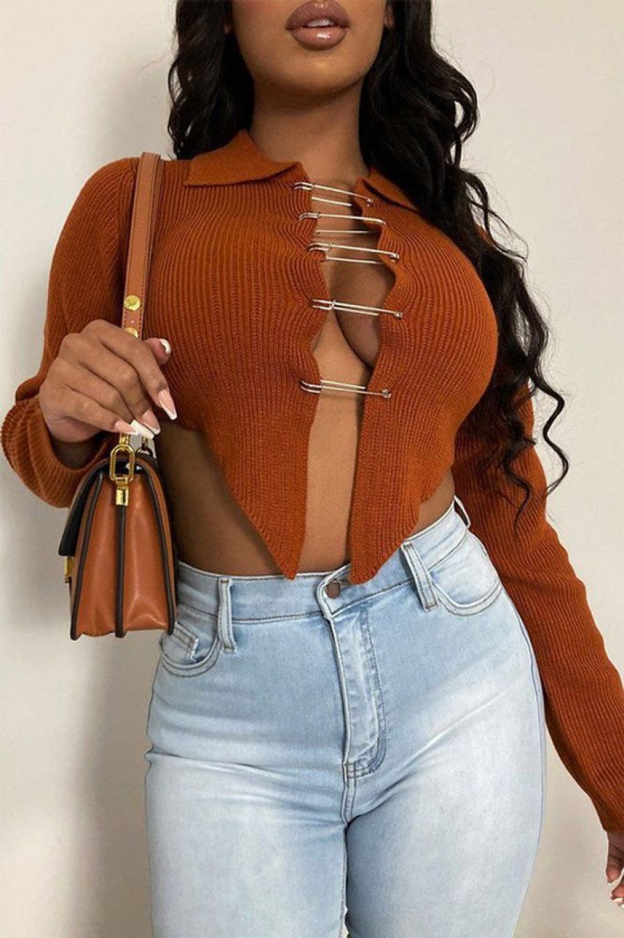 Tops & Outerwear female | Trendy Long Sleeve Lapel Solid Color Pin Stretch Knit Sweater