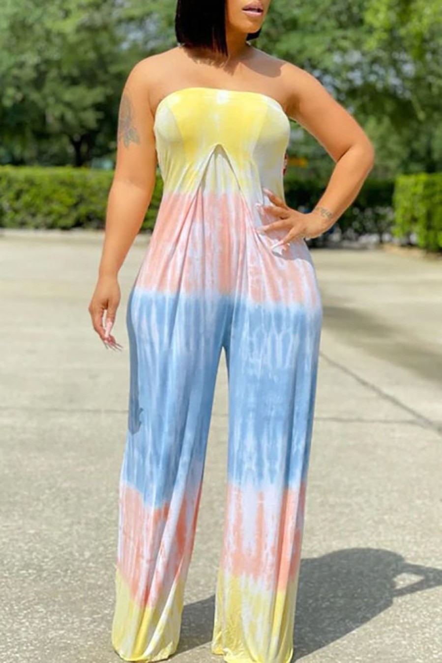 Jumpsuits & Rompers female | Plus Size Tie Dye Bandeau Wide Leg Jumpsuit Yellow