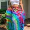 Bottoms female | Casual Tie Dye Printed Lace Up Wide Leg Pants Wathet Blue