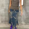 Bottoms female | Street Star Patch Irregular Tassel Denim Long Skirt Blue