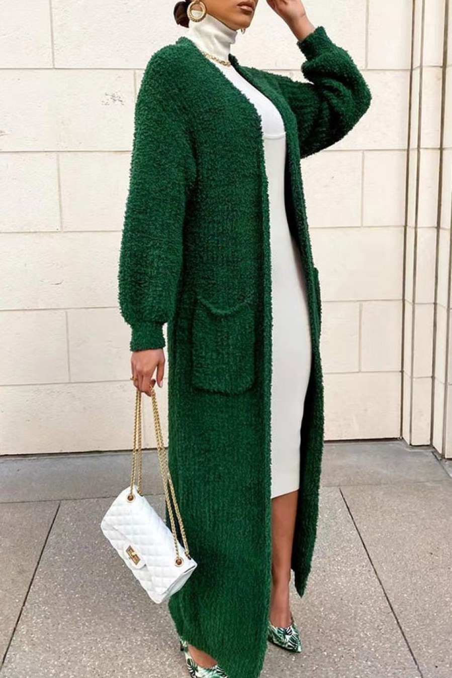 Tops & Outerwear female | New Lazy Style Loose Pocket Knitted Cardigan Long Thick Sweater Jacket Green