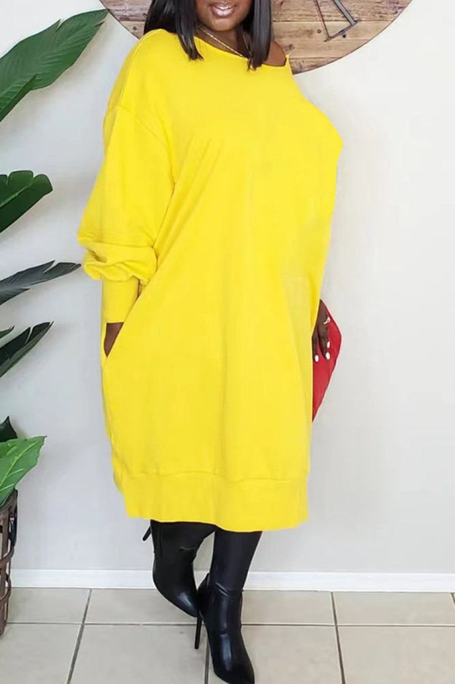 Dresses female | Comfortable Loose Slant Collar Solid Color Midi Dress