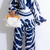 2-Pieces female | Fashion Print Oblique Collar Batwing Sleeve Top Straight-Let Pant Suits Blue