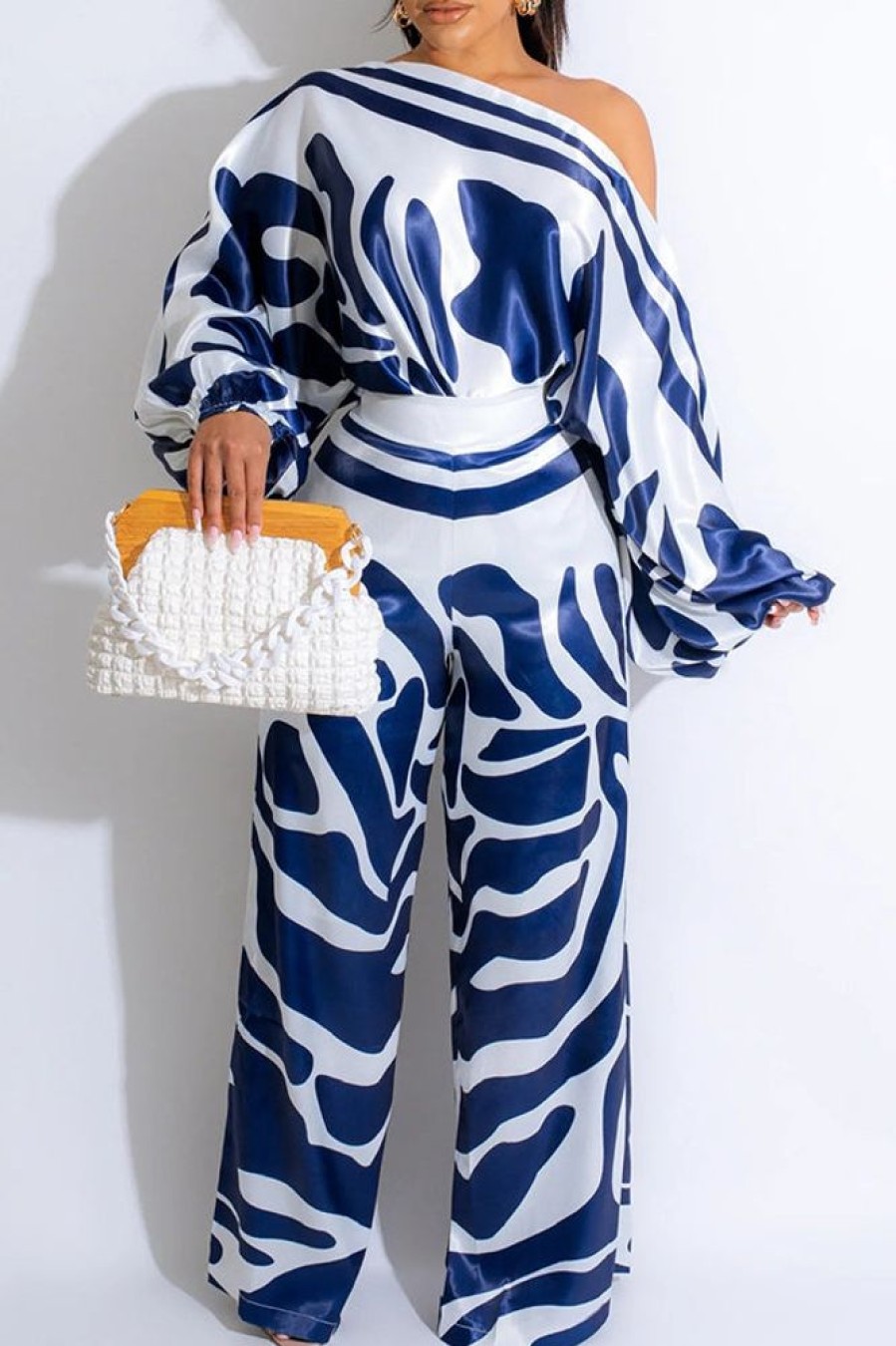 2-Pieces female | Fashion Print Oblique Collar Batwing Sleeve Top Straight-Let Pant Suits Blue