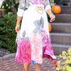 Dresses female | Temperament Peony Print Tie Collar Pleated Plus Size Maxi Dress (Without Belt) Pink