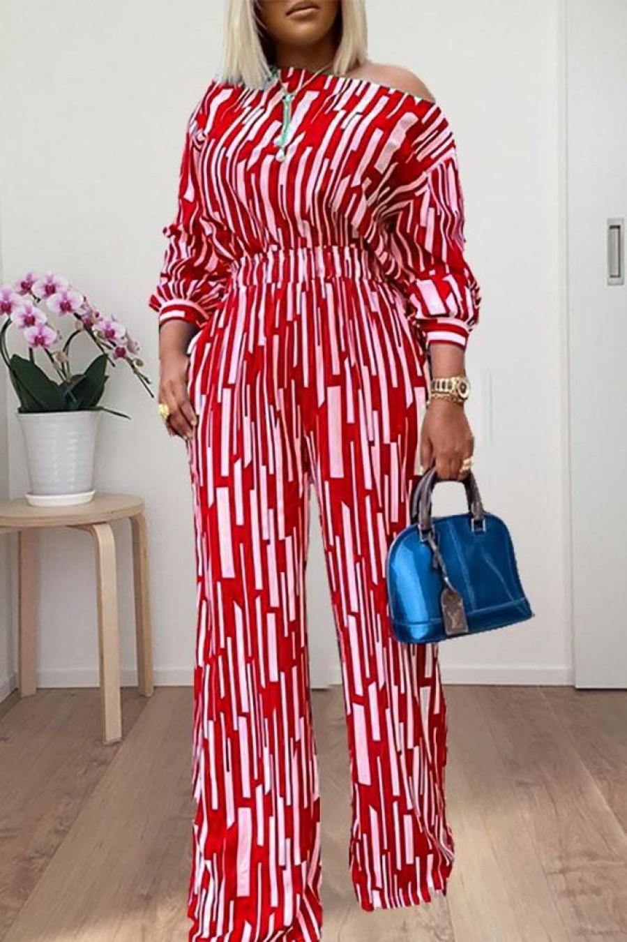 2-Pieces female | Fashion Plus Size Striped Print Oblique Shoulder Pant Suits