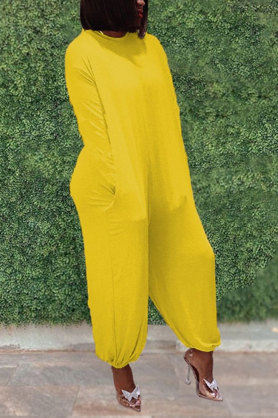 Jumpsuits & Rompers female | Casual Loose Solid Long Sleeve Pocket Jumpsuit Yellow