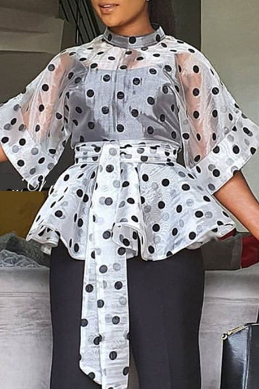 Tops & Outerwear female | New Perspective Polka Dot Strap Irregular Ruffle Stand Collar Shirt