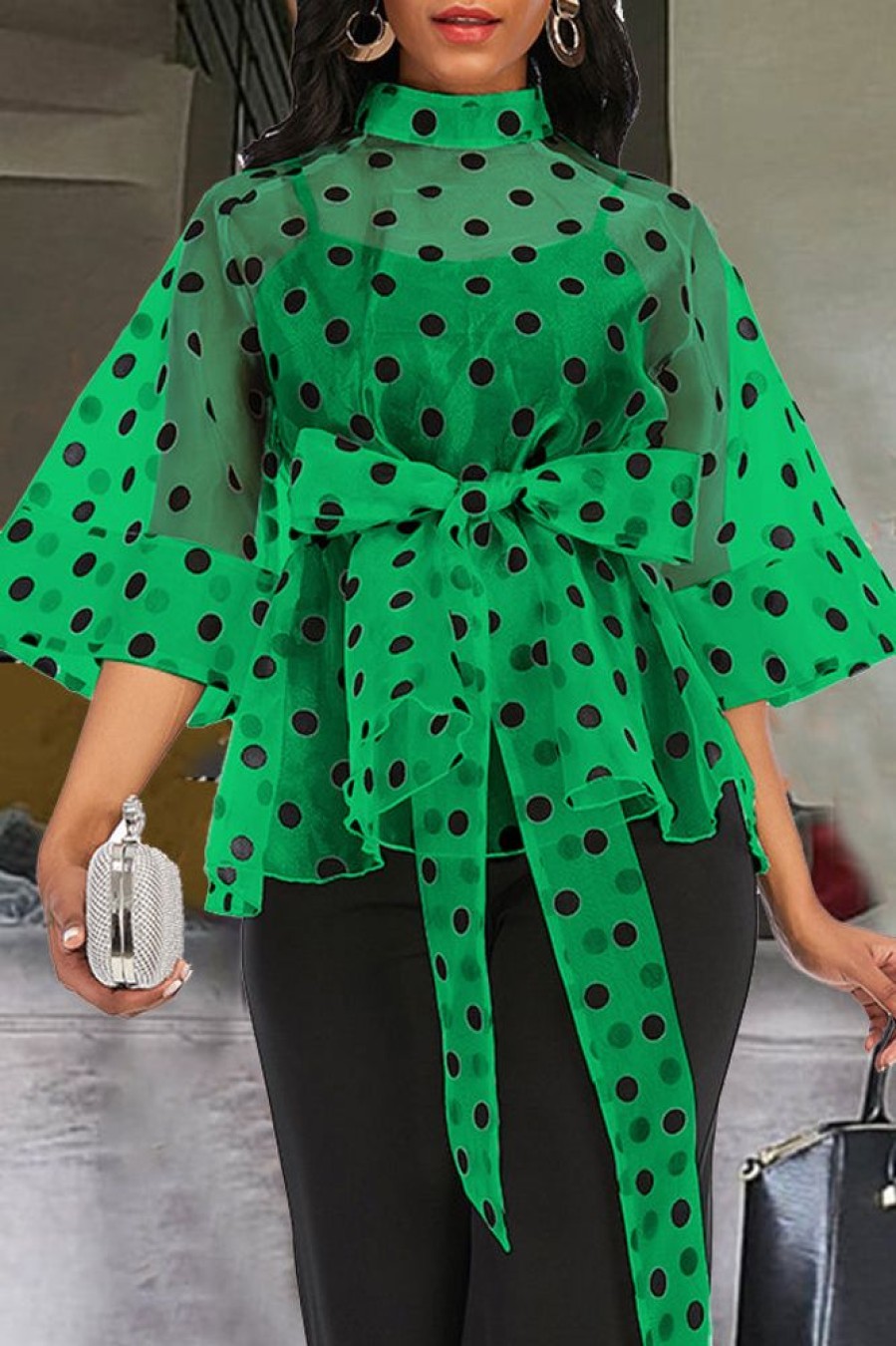 Tops & Outerwear female | New Perspective Polka Dot Strap Irregular Ruffle Stand Collar Shirt