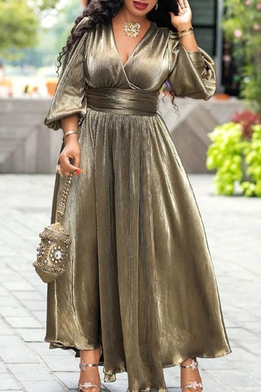 Dresses female | Elegant Shiny Pleated V-Neck Half Sleeve Maxi Dress Multicolor