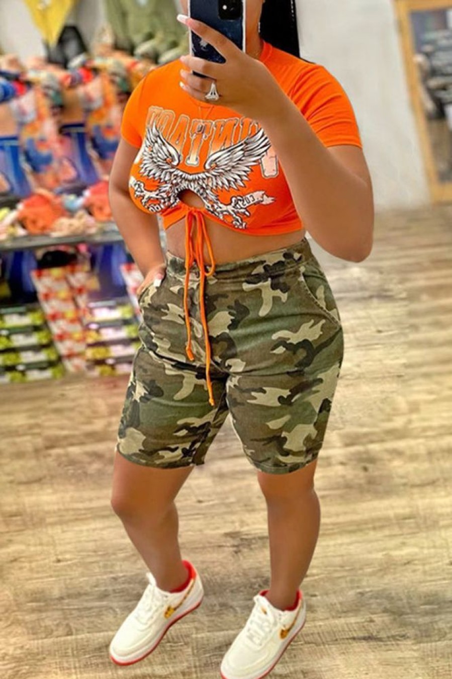 2-Pieces female | Animal Print Drawstring Tee & Camo Shorts Set