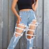 Bottoms female | Fashion Ripped Tie High Waist Straight Jeans