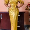 Dresses female | Plus Size Sexy Solid Slit Evening Dress Gold