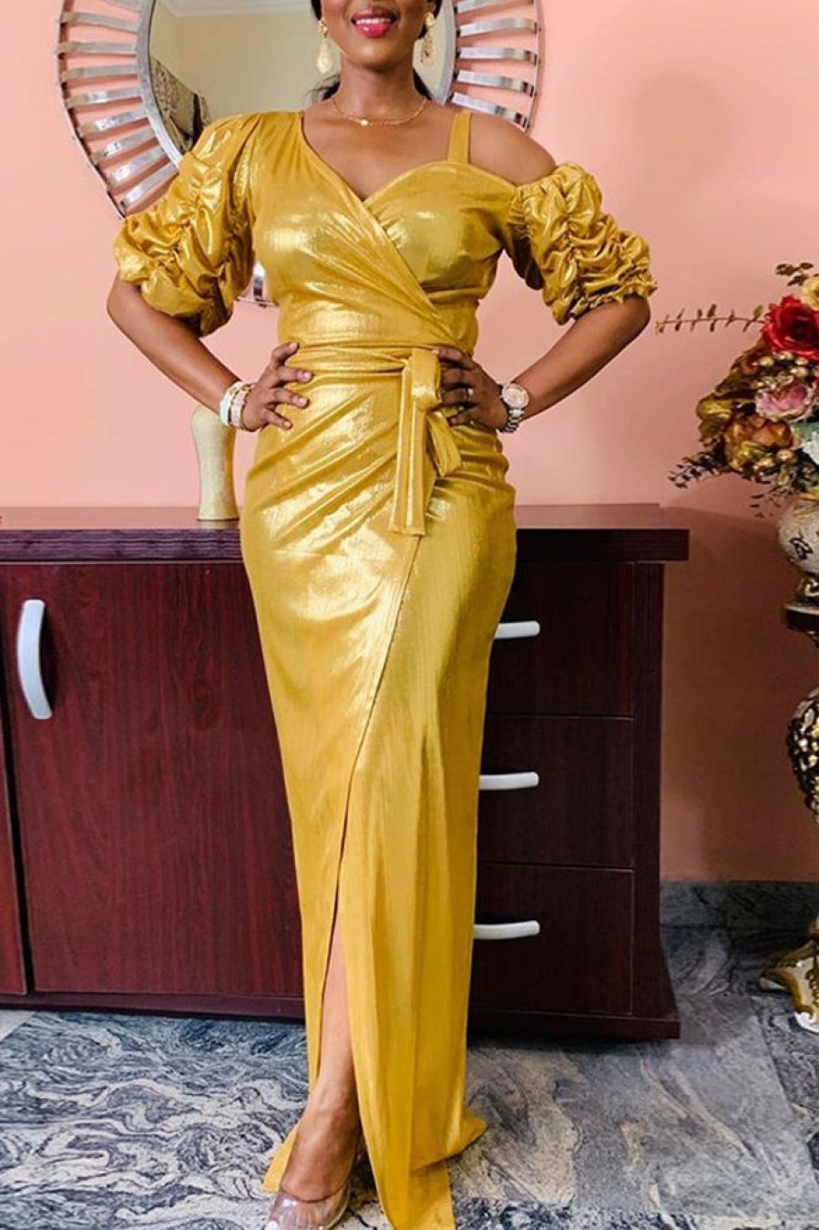 Dresses female | Plus Size Sexy Solid Slit Evening Dress Gold